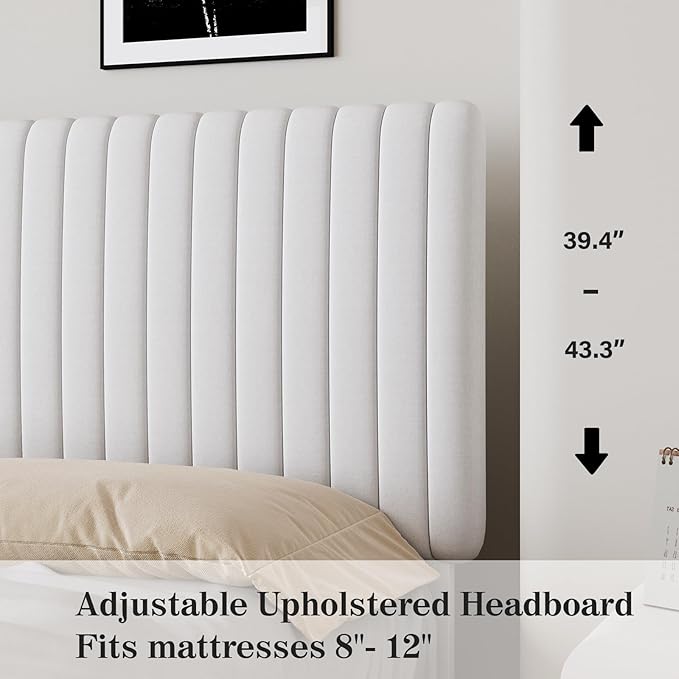 Queen Size Bed Frame with Headboard, Velvet Upholstered Platform Bed with Vertical Channel Tufted Design, No Box Spring Required, Easy Assembly, White-Ruum Studio Home