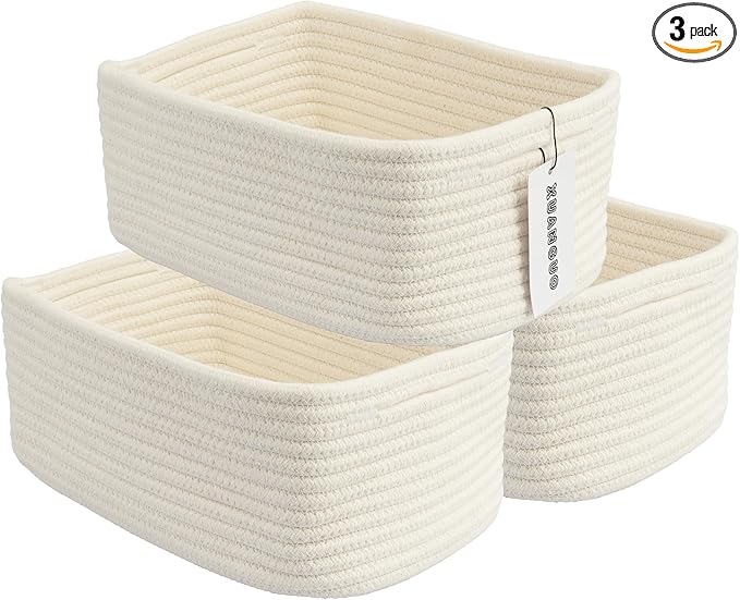 Small Woven Storage Baskets 12“X8”X5“ Decorative Rope Bins for Organizing Shelves, Closets, and Toys, Empty Gift Baskets, Cute Organizer Basket for Home and Office (white, regular)-Ruum Studio Home