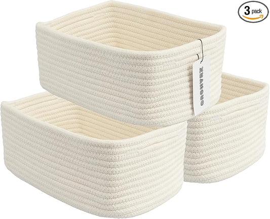 Small Woven Storage Baskets 12“X8”X5“ Decorative Rope Bins for Organizing Shelves, Closets, and Toys, Empty Gift Baskets, Cute Organizer Basket for Home and Office (white, regular)-Ruum Studio Home
