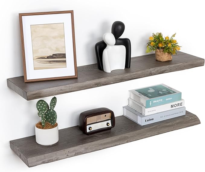 Floating Shelves for Wall, 36"x9.3" Rustic Solid Live-Edge Elm Wood Wall Shelves, Heavy-Duty Floating Shelves with Invisible Brackets, Set of 2 for Living Room, Bedroom, and Kitchen, Grey Finish-Ruum Studio Home