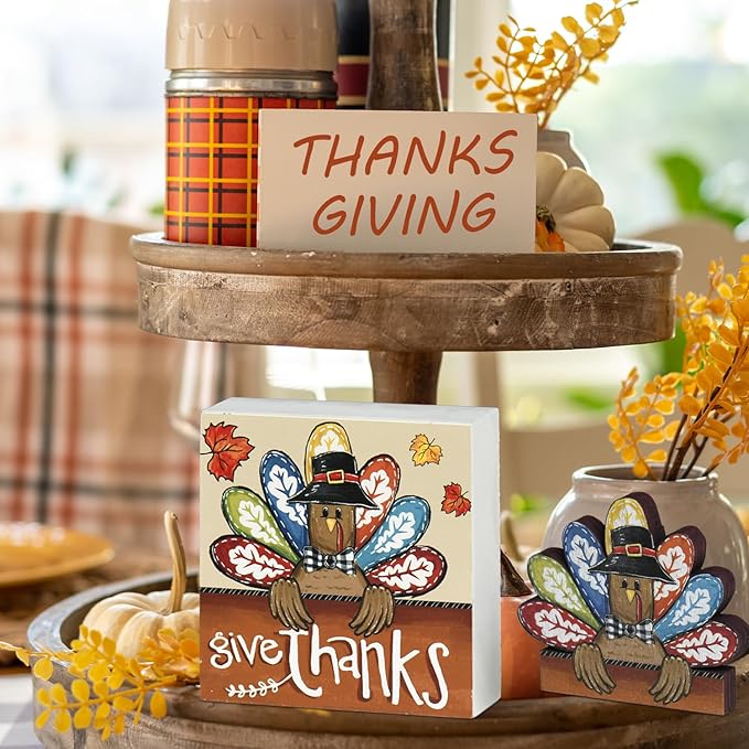 Smile Thanksgiving Wooden Decor Indoor, Turkey Decor Give Thanks Box Sign, Thanksgiving Table Tiered Tray Kitchen Decorations-Ruum Studio Home