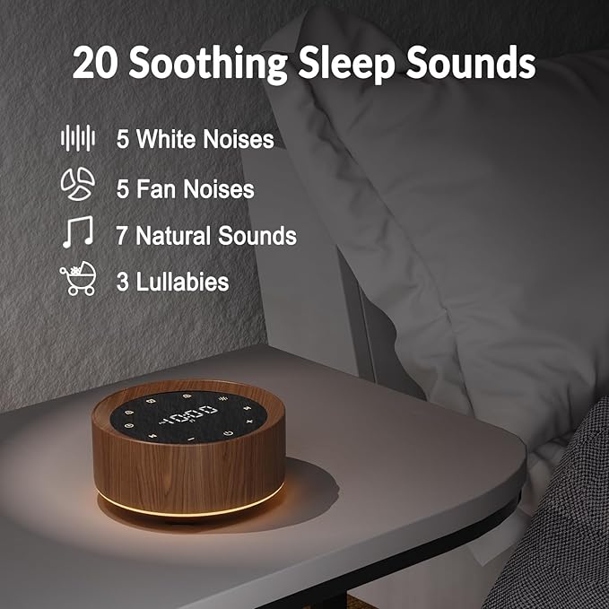 White Noise Sound Machine Alarm Clock 7 Color Night Light Sound Machine for Adult/Baby 20 Soothing Sound 31 Level Volume 6 Level Screen Brightness 5 Timer Set Memory Function Touch Control Wood Grain-Ruum Studio Home