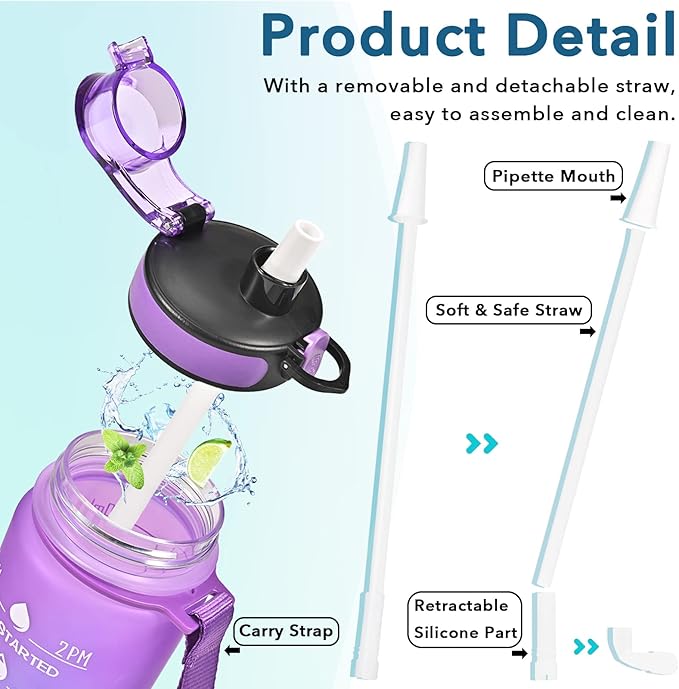 Enerbone Water Bottle, Leakproof BPA & Toxic Free, Motivational Water Bottle with Times to Drink and Straw, Fitness Sports Water Bottle with Strap for Office, Gym, Outdoor Sports-Ruum Studio Home
