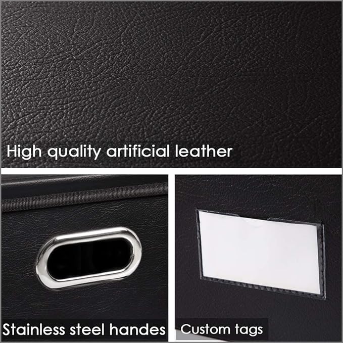 PRANDOM Collapsible Storage Bins with Lids [3-Pack] Leather Fabric Foldable Storage Boxes Organizer Containers Baskets Cube with Cover for Bedroom Closet Office Nursery Black (14.9x10.8x10)-Ruum Studio Home