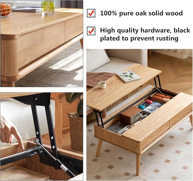 100% Solid Wood Lift Top Coffee Table for Living Room, Mid Century Modern Tables with Drawers and Large Storage, Oak Coffee Tables for Small Spaces (Oak Wood Log, 47.24" W x 23.62" D x 25.59" H)-Ruum Studio Home