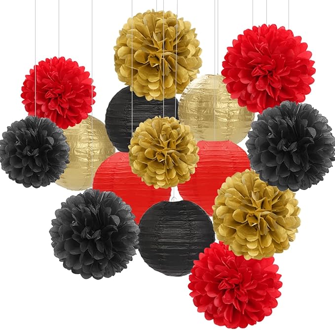 Red-Black Gold Party-Decorations Paper Flowers Lanterns - 15PCS Casino Theme Halloween Tissue Pom Poms Streamers,Game Night Women Men Birthday Wedding Bachelorette Hanging Supplies Decor Hugfond-Ruum Studio Home