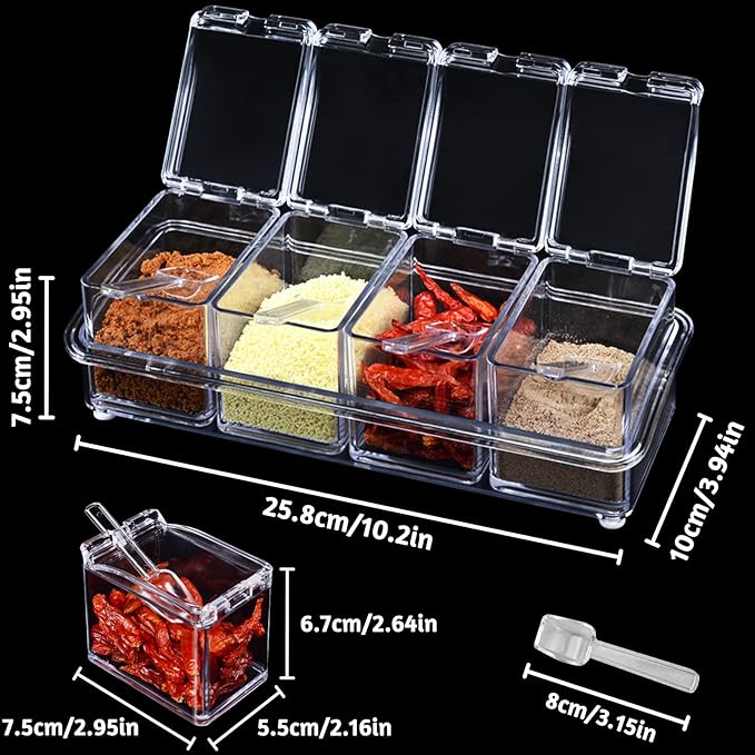 4 PCS Seasoning Box, Clear Spice Containers with Spoon, Acrylic Toppings Containers with Lids, Kitchen Multi Spice Box for Salt, Sugar, Pepper, Garlic Powder-Ruum Studio Home
