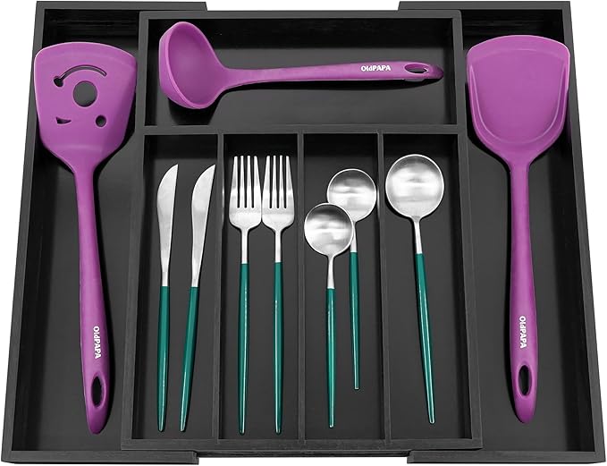 Utoplike Bamboo Silverware Drawer Organizer, Expandable Kitchen Utensils Drawer Organiser, Cutlery Tray Dividers, Flatware Caddy Drawer Insert, Office Supplies, Black 5-7 Slot-Ruum Studio Home