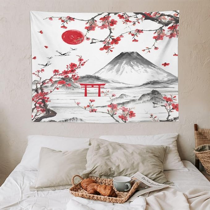 Red Cherry Blossoms Tapestry, Japanese Fuji Mountain Tapestry, Asian Japanese Wall Tapestry, Nature Landscape Tapestries for Bedroom Living Room Decor 40"x30"-Ruum Studio Home