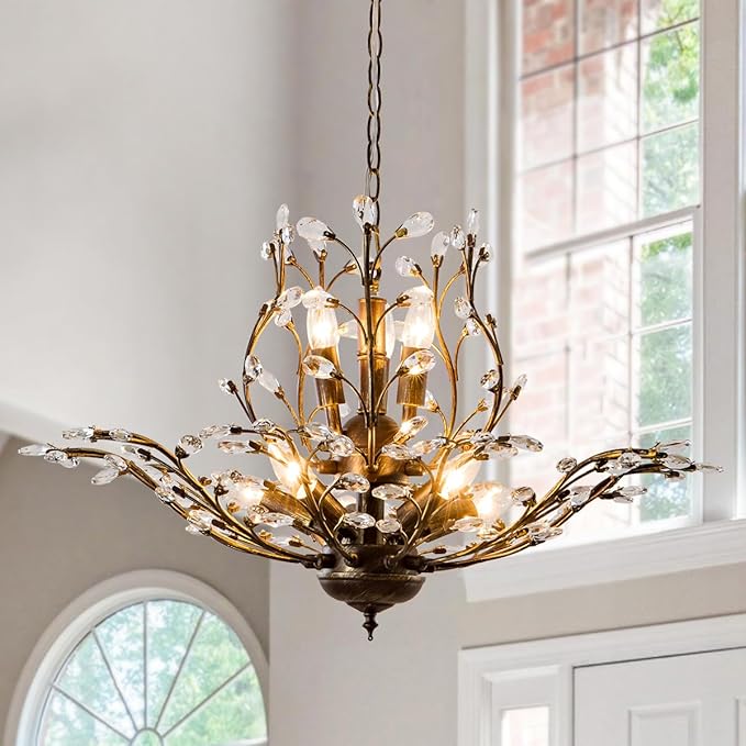 Vintage Farmhouse Chandelier 8-Light Crystal Branch Pendant Lights for Living Room Dining Room Porch Kitchen Island Bedroom Restaurant, Aged Bronze-Ruum Studio Home