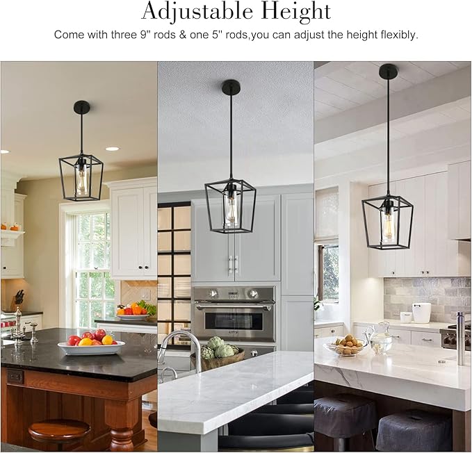 1-Light Black Pendant Light Fixture Farmhouse Iron Cage Metal Pendant Light Lantern Hanging Light Fixtures with Clear Glass Shade for Kitchen Island, Entryway, Dining Room, Hallway 5.9*5.9*8.27IN-Ruum Studio Home