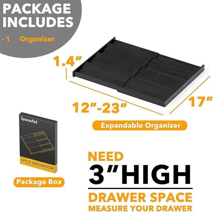 SpaceAid Bamboo Black Spice Drawer Organizer, (Need 3" Deep Drawer) Expandable 4 Tier Spices Rack for Cabinet, Kitchen Seasoning Storage Insert (Jars Not Included, From 12" to 23" Wide)-Ruum Studio Home