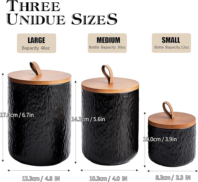 JOJUNO Black Ceramic Canister Set with Wooden Lid, 3-Piece Airtight Food Storage Jars for Kitchen Counter - Flour, Sugar, Coffee, Tea, Spice - Small, Medium, Large Sizes - Stone Texture-Ruum Studio Home