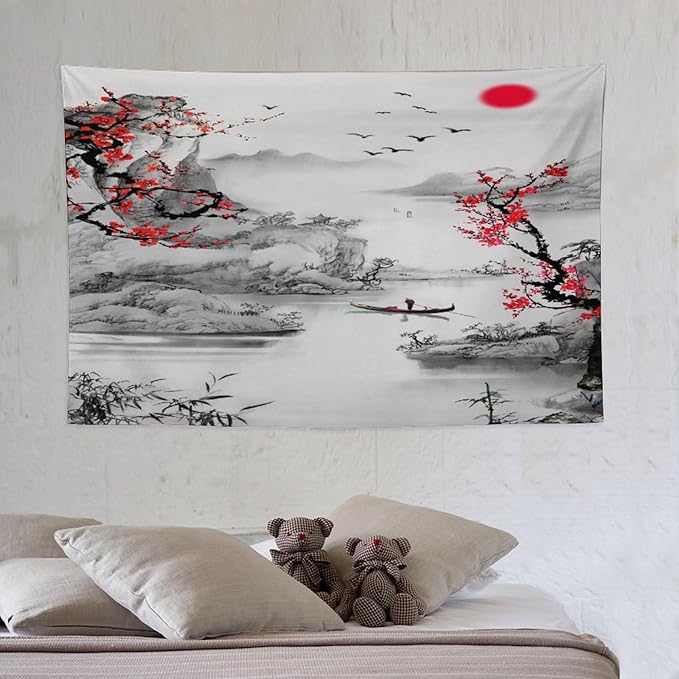Cherry Blossoms Tapestry, Japanese Red Landscape Watercolor Abstract Art, Asian Japanese Wall Tapestry, Nature Landscape Tapestries for Bedroom Living Room Decor 60"x40"-Ruum Studio Home