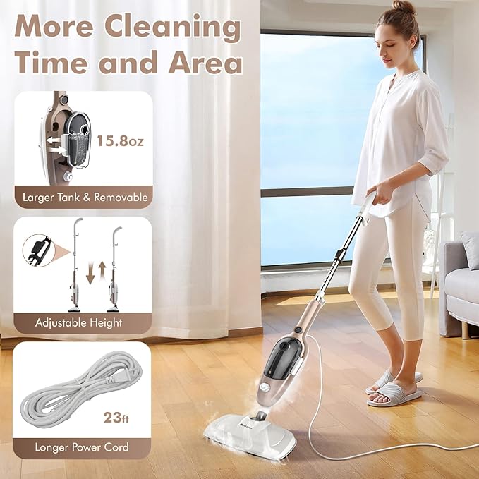 Steam Mop - All-in-one Powerful Handheld Steam Cleaner Detachable Floor Steamer with 11 Accessories, MultiPurpose Steamer for Hardwood Floors, Clothes,Windows,Tiles,Carpet, Whole Home Use, Rose Gold-Ruum Studio Home
