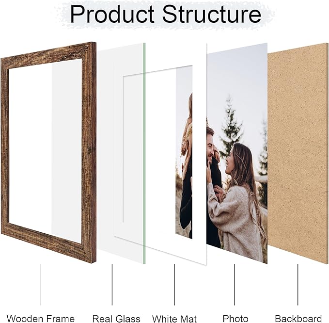 10x14 Picture Frame Set of 4, 10 x 14 Wood Photo Frames with Mat for 8x12 or 30x40cm Diamond Painting Art, Wooden Frame with Real Glass Cover for Wall and Tabletop Display,Rustic Brown-Ruum Studio Home