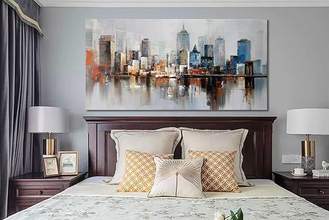 Arjun Brooklyn Bridge Wall Art Modern New York City Abstract Canvas Cityscape Painting Large Size Framed, Colorful NYC Skyline Textured Picture for Living Room Bedroom Home Office Wall Decor, 40"x20"-Ruum Studio Home