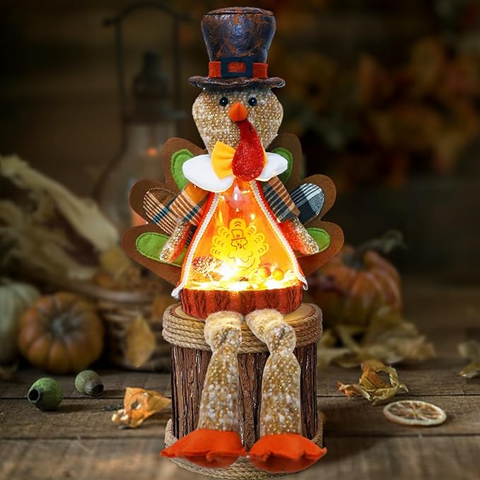 Lighted Christmas Doll, Plush Light Up Christmas Doll Toy Holiday Present, Battery Operated Xmas Gifts Winter Mantle Tabletop Decor (Brown Thanksgiving Turkey 16in)-Ruum Studio Home