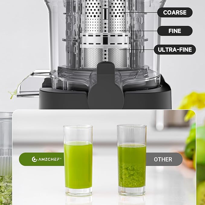 AMZCHEF Cold Press Juicer, Juicers Machines - 5.4" Large Feed Chute for Whole Fruits & Vegetables, Stainless Steel Slow Masticating Juice Easy to Clean, Large Auger, Triple Strainers, Silver-Ruum Studio Home
