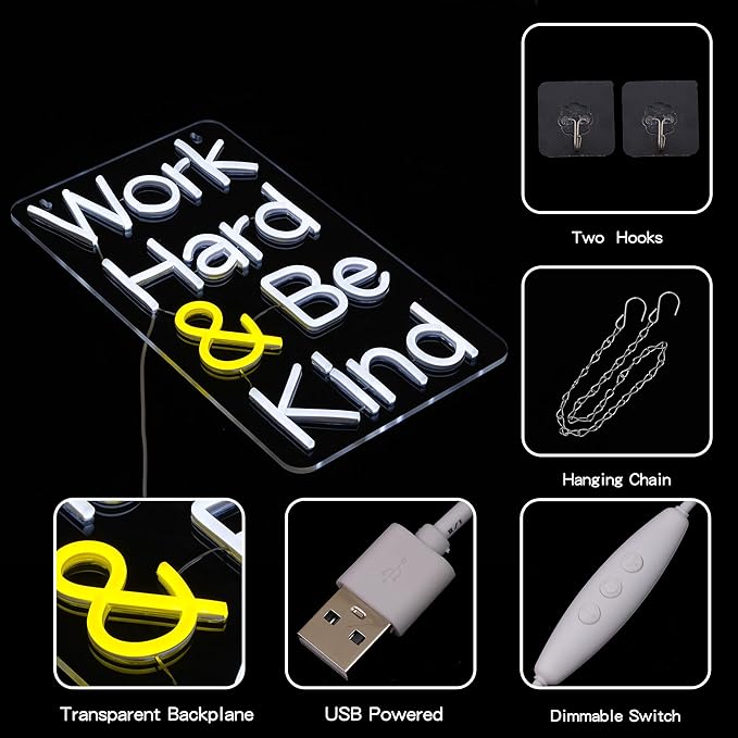 Work Hard Be Kind Neon Sign for Wall Decor Letter Neon Light Be Kind LED Neon Sign for Office White LED Neon Light for Offices Classroom Bedroom Study Room Decoration-Ruum Studio Home