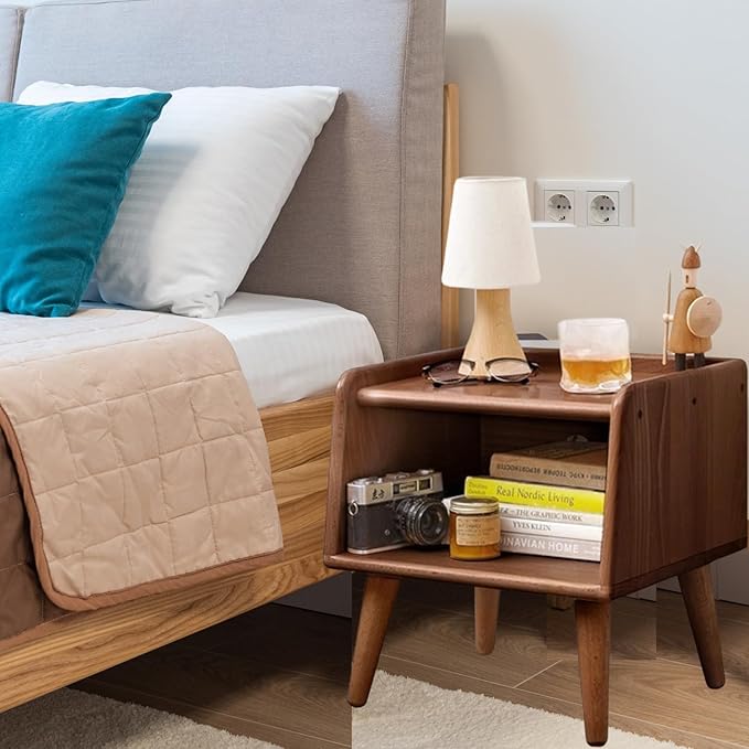 Small Nightstand, 100% Solid Oak Wood Bedside Table, Mid Century Modern Nightstand with Open Storage,Storage Cabinet for Bedroom (2pc Walnut Color)-Ruum Studio Home
