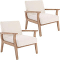 Mid Century Modern Accent Chair Set of 2, Linen Upholstered Living Room Accent Armchair with Wood Frame, Farmhouse Chair for Living Room Bedroom, Ivory-Ruum Studio Home