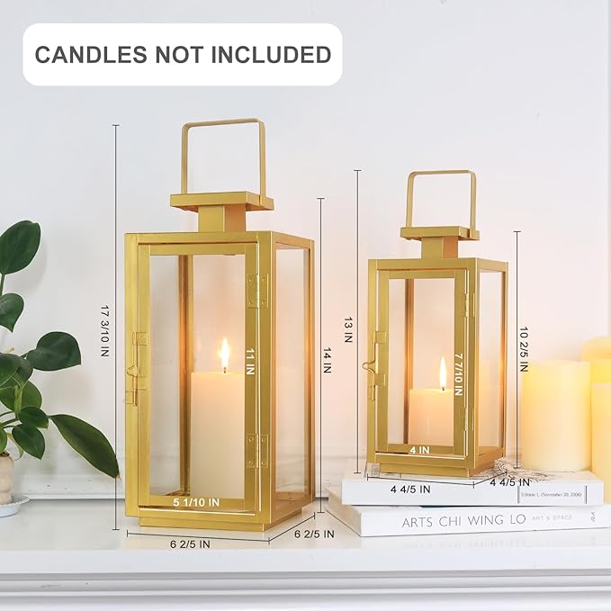 DECORKEY Fall Christmas Golden Decorations for Home, 17''&13'' Metal Candle Lanterns Decorative Outdoor&Indoor, Modern Hanging/Tabletop Candle Holders for Porch Patio Wedding Decor-Ruum Studio Home