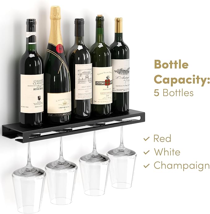 Wall Mounted Wine Rack – Metal Floating Bar Shelf with Bottle and Glass Holder, Holds 5 Bottles and 4-6 Glasses-Ruum Studio Home