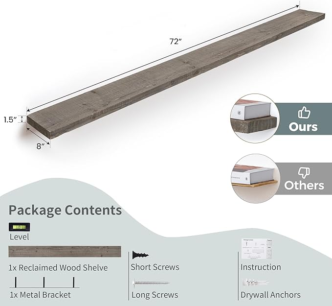 72 inch Floating Shelves for Wall, 8" Deep Rustic Reclaimed Barnwood Shelves, Floating Shelf Wall Hanging Shelves with Invisible Heavy-Duty Metal Bracket | Wall Mounted | Farmhouse Style, 1PC,Grey-Ruum Studio Home