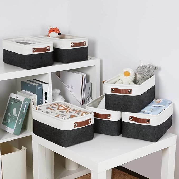 DULLEMELO Small Storage Baskets 6 Pack, Fabric Collapsible Gift Storage Baskets for Shelves, Closets, Nursery, Home, Office Organizing,Small Canvas Linen Rectangular Storage Bins (White&Black)-Ruum Studio Home