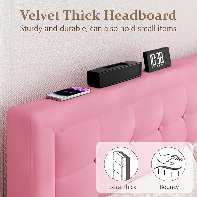 King Size Bed Frame with Headboard, Platform Bed Frame with Velvet Upholstered Button Tufted Headboard, Wood Slats Support, No Box Spring Needed, Mattress Foundation, Easy Assembly, Pink-Ruum Studio Home