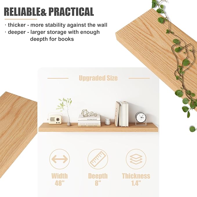 Floating Shelves for Wall, USA-Sourced Oak Wood 48 Inch Long Wall Shelves, Natural Wooden Wall Mounted Picture Ledge Shelf, Nursery Book Storage Shelf Kids Bookshelf, Display Shelf for Bathroom-Ruum Studio Home
