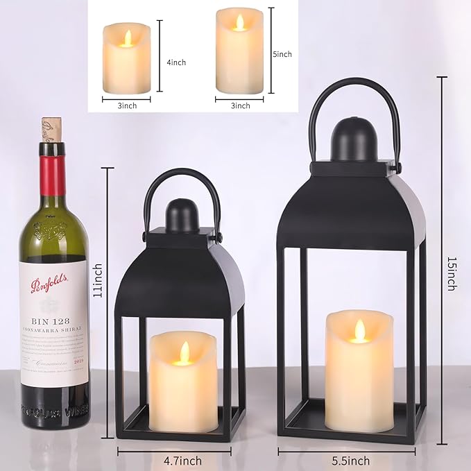 Lanterns Decorative Indoor Outdoor 15" 11" Set of 2 Lantern Decor Black Metal Candle Lanterns with Flameless Candles, Outdoor Lanterns for Porch Patio Wedding Mantle Home Decor-Ruum Studio Home