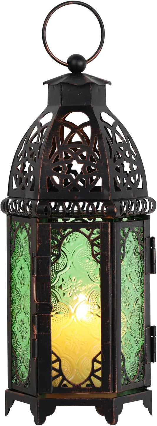 NEEDOMO Hanging Moroccan Lantern, 11'' Vintage Candle Holder, Metal Lanterns Decorative Indoor Outdoor, Table, Patio, Porch, Shelf, Gothic Home Decor (Green, Medium Size)-Ruum Studio Home