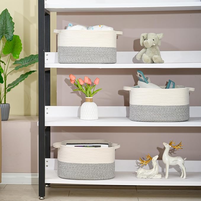 Cotton Rope Woven Storage Basket, Used for Baby Hamper Toy Organizer, Gift Baskets Empty,Kids Laundry Basket,Baby Blanket Basket. Size 15x10x8.7 Inches. (White&Grey-3PCS)-Ruum Studio Home