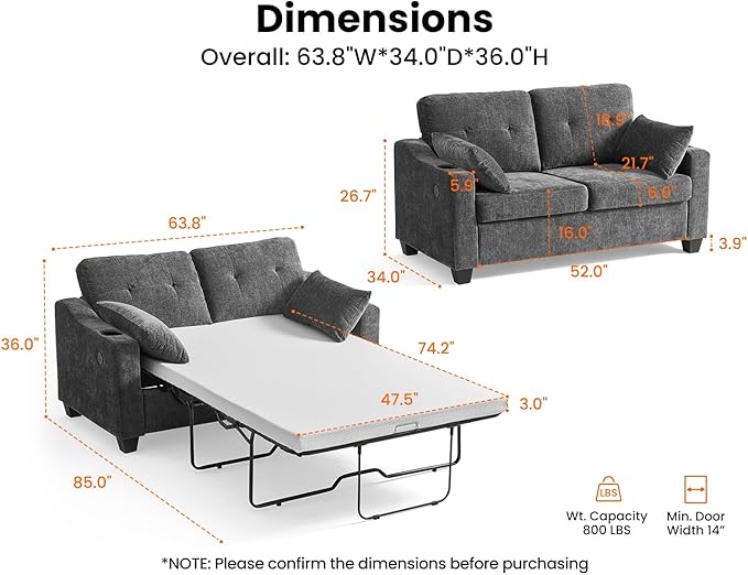 CHIC HOUSE Pull Out Sofa Bed, Full Size Sleeper Sofa, 2-in-1 Convertible Chenille Couch with USB Charging, Memory Form Couch for Living Room, Apartment & Small Space (Dark Grey, Chenille - Full)-Ruum Studio Home