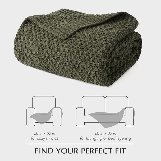 Chunky Chenille Knit Throw Blanket for Couch, Soft Luxurious Moss Stitch Blankets for Bed, Cozy Decorative Farmhouse Knitted Throws for Sofa, Olive Green, 60" x 80"-Ruum Studio Home