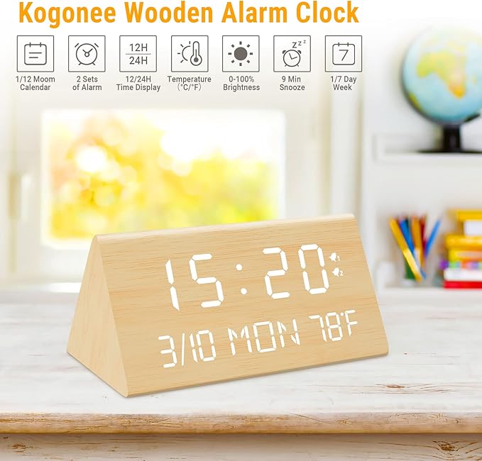 Kogonee Wooden Digital Alarm Clock, 0-100% Dimmer, 2 Alarm Settings, Weekday/Everyday Mode, 9 Mins Snooze, 12/24H, Temperature and Date Display for Office, Travel, Bedroom Alarm Clock (Bamboo)-Ruum Studio Home