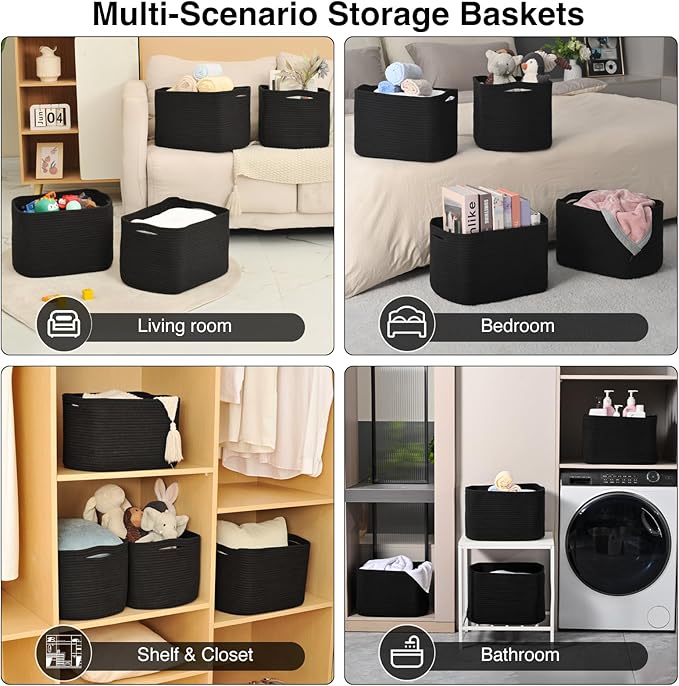 Storage Baskets for Organizing & Shelves, Woven Cotton Rope Organization Bins for Dog Toys, Clothes, Books, Nursery Organizer, 15" Lx11''Wx9.5''H, (4 Packs) Black-Ruum Studio Home