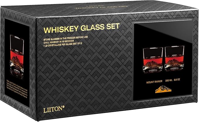 Mount Rainier Heavy Crystal Whiskey Glasses Gift Set of 2, Thick Freezable Bourbon Glass 1lb Each, Premium Whiskey Gifts for Men, Frozen Crystal Chills Cocktails, 10 oz-Ruum Studio Home