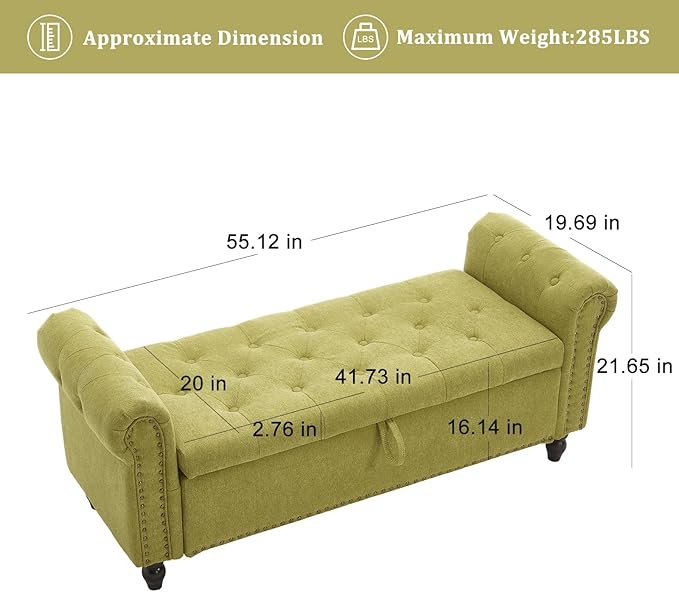 Furniliving 55” End of Bed Bench, Bedroom Bench with Button-Tufted, Large Upholstered Storage Ottoman Benches Entryway Bench with Storage Shoe Cabinet Bench, for Bedroom, Living Room, Linen, Green-Ruum Studio Home