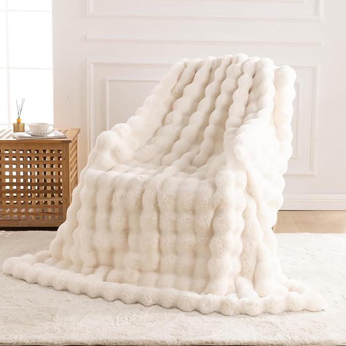 Cozy Faux Fur Throw Blanket for Bed-Warm Fuzzy Throw Blanket, Soft Plush Thick Bubble Blankets for Bedroom and Living Room, Furry Luxury Blanket, 60 x 80, Cream-Ruum Studio Home