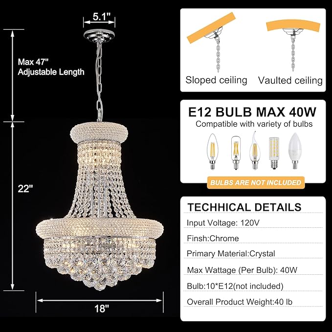 10 - Light Unique Empire Crystal Chandelier for Dining Room Foyer Entryway Living Room Bedroom Chrome Finish-Ruum Studio Home
