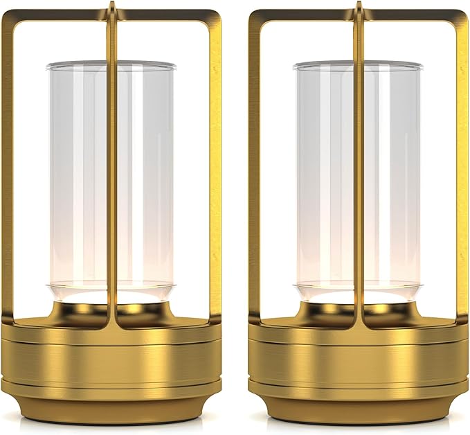 Portable Metal Table Lamp for Indoor/Outdoor ,Rechargeable Cordless LED Lamp, 3-Colour Infinitely Dimming Battery Powered Small Desk Lamp, Restaurant/Bedroom/Bar/Coffee/Camping Light (Gold Set of 2)-Ruum Studio Home