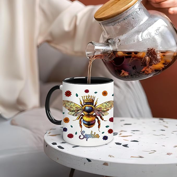 Hyturtle Personalized Floral Bee Mug - Bee Keeper Gifts For Women Lovers Teacher - Honey Gifts For Beekeeper Farmer On Birthday - Queen Honeycomb Decor - Custom Coffee Cup Ceramic Mug 11 Oz 15 Oz-Ruum Studio Home