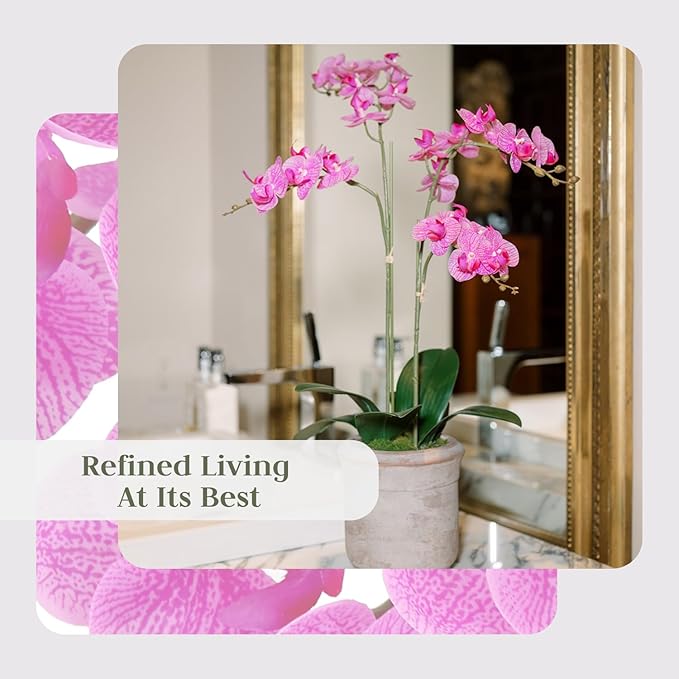 Faux Pink Orchid Plant, Premium Artificial Indoor Flower Display Stands 24”, Beautiful Sculptural Blooms That Lasts Forever, Grey Planter Pot Included-Ruum Studio Home