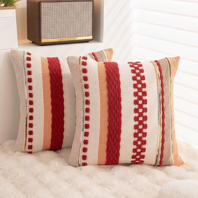 Boho Throw Pillow Covers 18x18 Set of 2 Christmas Decorative Cushion Case Striped Square Pillows Cover Chenille Pillow Cases Accent Neutral Pillowcase for Sofa Couch Bed,Red-Ruum Studio Home