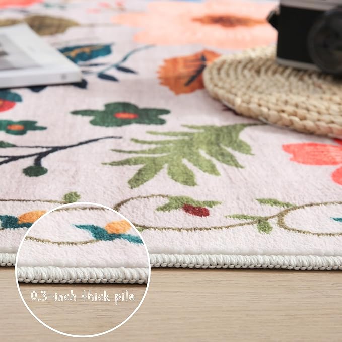 Round Rug 6ft Washable Circle Rug Non Slip Low Pile Boho Floral Small Circular Rug for Bedroom, Bathroom, Entryway, Kids Room, Office, College Dorm(Beige)-Ruum Studio Home