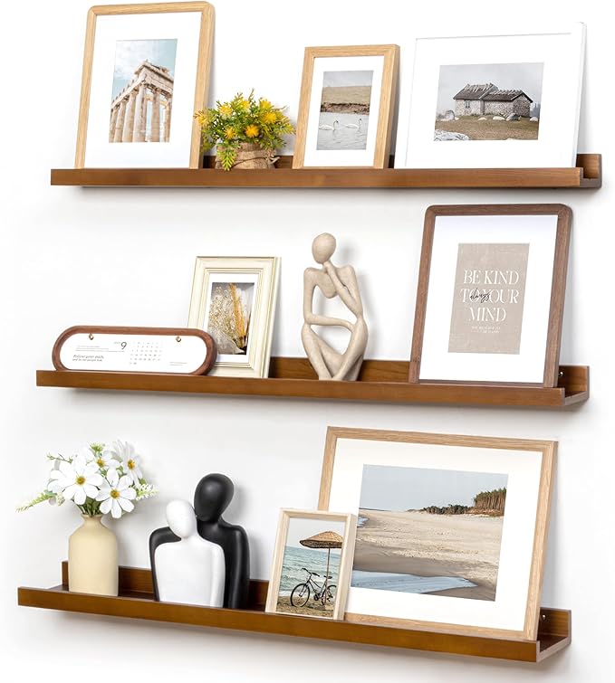 Picture Ledge Wall Shelves 36 inches Width Set of 3, Solid Pine Wood Rustic Floating Ledge Shelves for Wall for Kids' Room Bedroom Kitchen Bathroom Living Room Nursery Display Wall Decor, Walnut-Ruum Studio Home