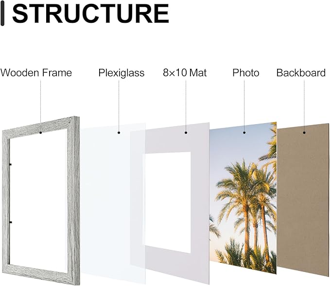 Vittanly 11x14 Picture Frames Set of 9, Shatter Resistant Plexiglass, Display 8x10 Pictures with Mat or 11x14 without Mat, Photo Frames for Wall or Tabletop, Engineered Wood, Grey-Ruum Studio Home